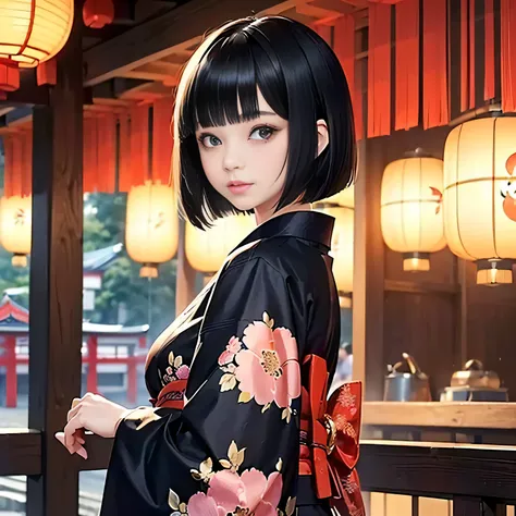 ((1girl,cute,japanese,young,short beautiful black hair,bob cut,blunt bangs,beautiful black eyes)),(solo),(japanese beautiful floral kimono,yukata),((masterpiece, highest resolution,best quality)), (beautiful illustration), (looking at the viewer), innocent...