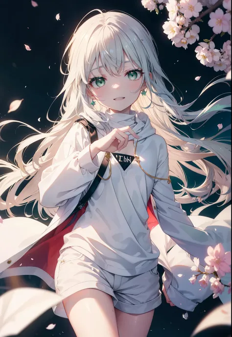 index, index, (green eyes:1.5), silver hair, long hair, (flat chest:1.2),happy smile, smile, open your mouth,white long hoodie,s...