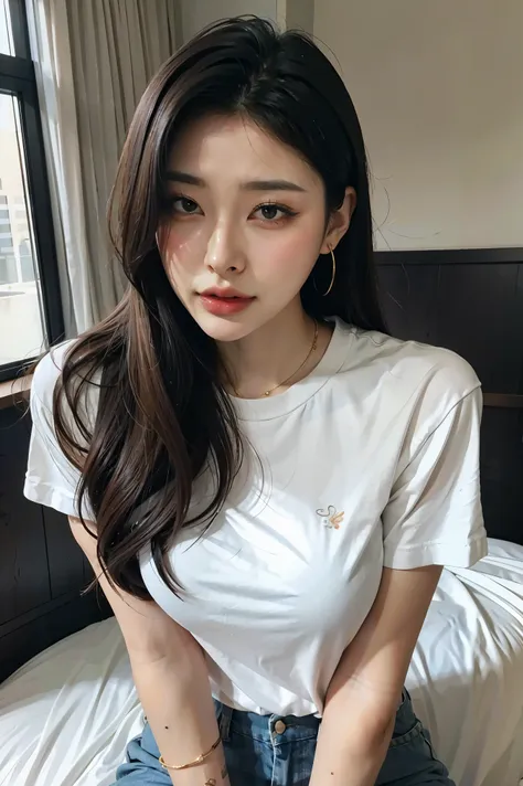 a pretty woman, dressed in a white shirt, full body portrait, nice perfect face with perfect face, hyper-realistic concept, 8k resolution, photography quality, posing for a photo, photo-realistic, piercing nose, tattoo arms, make up, 