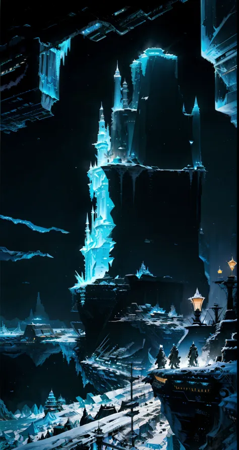 in the dimly lit cyberpunk landscape, a towering iceberg looms large, its once pristine surface now marred with mechanical fault...