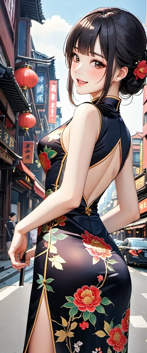 woman,20-year-old,city,(((Silk cheongsam))),,open mouth smile((black hair)),blush、,((turn around and look back))()Reflecting the buttocks