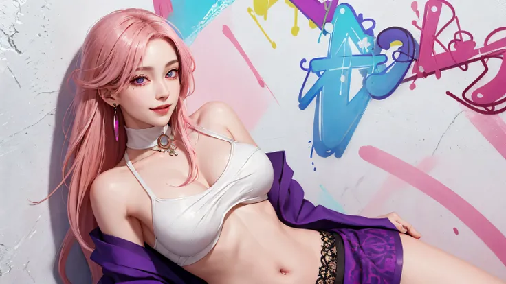 (masterpiece, best quality, 1girl, solo, intricate details, chromatic aberration), realistic, ((medium breath)),long hair, pink hair, red head ornament, pink highlights, hair over one eye,purple eyes, earrings, sharp eyes, choker, neon shirt, She wears a c...