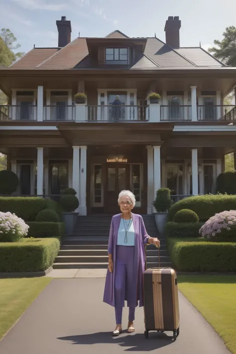 Sowell Bay, Washington, 2023. An old ((((70-year-old)) Tova Sullivan)), norwegian woman, staring in awe at a big mansion inn facade and gardens, ((((clothings from the 2020s)))), ((hairstyle of the 2020s))