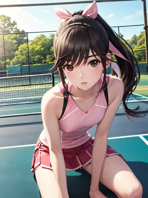 Super Detailed Game CG, (High resolution:1.1),(absurd:1.1), anime, Tennis court、pretty girl, 1 girl, takane manaka, small breasts, black hair ponytail, Loose white and pink tennis wear, bangs,  reflection effect, Reddish cheeks、 beautiful perfect face, dro...