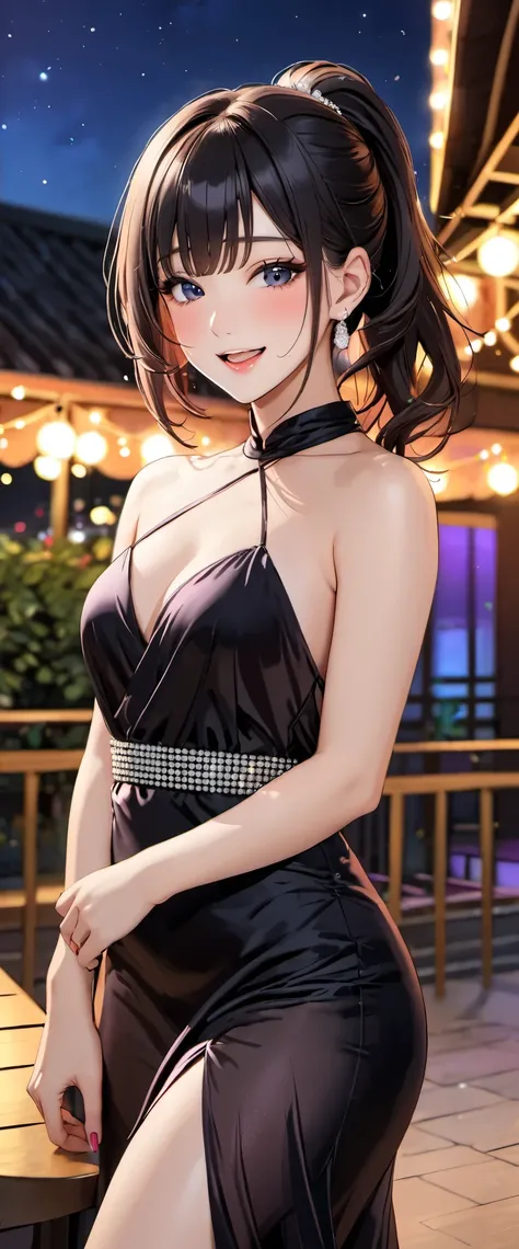 woman,20-year-old,,party venue,night,(((sexy silk dresses))),,open mouth smile((Beautiful ponytail)),((black hair)),blush、,,(See-through)