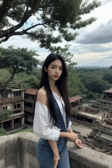 Thai Woman, look at viewer, long hair, shirt, jeans, cloud, day, sky,outdoors, post-apocalypse, ruins, scenery, tree, water,