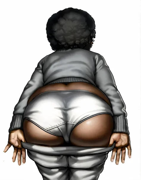 ((masterpiece, best quality)), ((33 year old)), (((Curvy))), ((Black woman with large afro)), in ((white cotton panties)), grey sweater, (pulling down grey sweat-pants), ((Large hips)), (((realistic art style)))