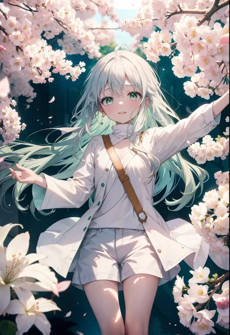 index, index, (green eyes:1.5), silver hair, long hair, (flat chest:1.2),happy smile, smile, open your mouth,white long hoodie,s...