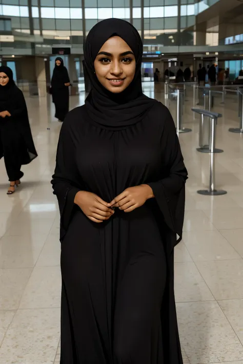 dark skinned arabian girl, close up, face focus, big breasts, standing in a dress that covers her body, abaya dress, modest, per...