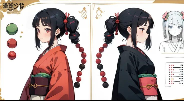 16 years old, Black Hair Girl, Hair length to the armpits (((happy flirty look))) ,japanese kimono, ((Odango hairstyle)) (((detailed character sheet, Front view, Side view, 3/4 view)))