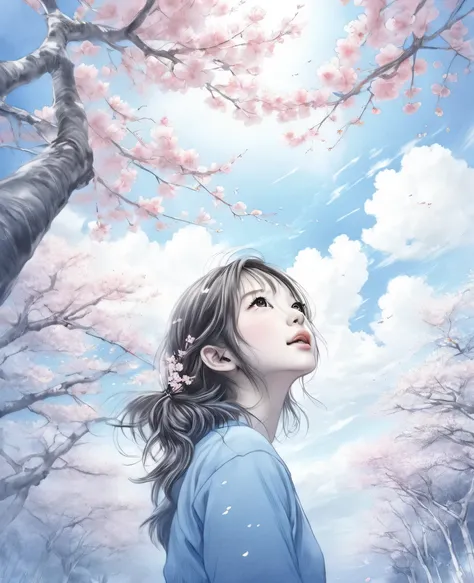 (pe pencil drawings:1.4),  clouds and blue sky、spring sky and beautiful cherry blossoms、landscape photo of vast cherry blossom t...