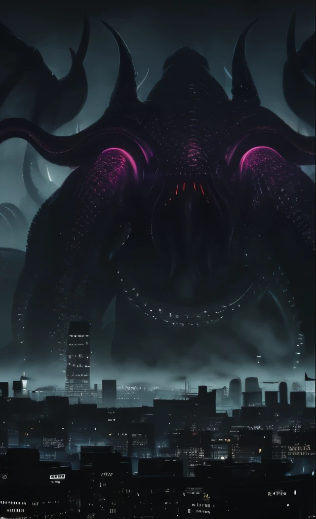 (fog shrouded city, Cthulhu, cyberpunk style, color graded giant Lovecraft demon 3D rendering), glowing eyes, huge body, long tentacles like pythons, rich details, (Nikon 70-200mm f/2.8G lighting), tentacle surrounding, mysterious horror, visual feast.