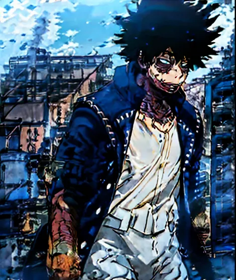 Macro Giant dabi my hero academia en shorts torse nue se branle et éjacule , huge dick dans une  maison, main au plafond et sa tête arrive au plafond, visage séduisant avec beaucoup de monde tout le corps