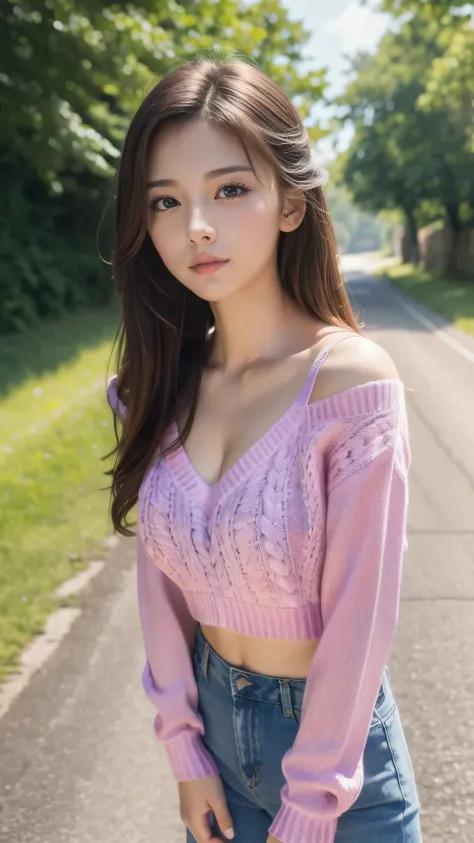 super detailed,bright colors,(8k:1.5),Masseter muscle part,very beautiful detailed face and eyes、summer morning、Ghibli,summer country road,25years old,beautiful breasts,midriff peek,Fullbody,(V-neck-sweater:1.3)