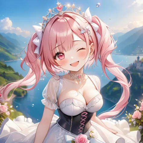 (Breathtaking and beautiful lighting:1.2), (1 Girl:1.3), (Solo:1.5), sixteen years old, (shiny white skin), (pastel pink hair, twin tail hair, Bangs:1.3), (Beautiful pink eyes, adolable big drooing eyes, wink, close one eye:1.5), (Breathtaking Beautiful wh...