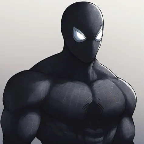 anime characters：black spider-man, muscular spider-man, male focus, no spider-man logo, upper body, buzz cut, eyes are sad shape...