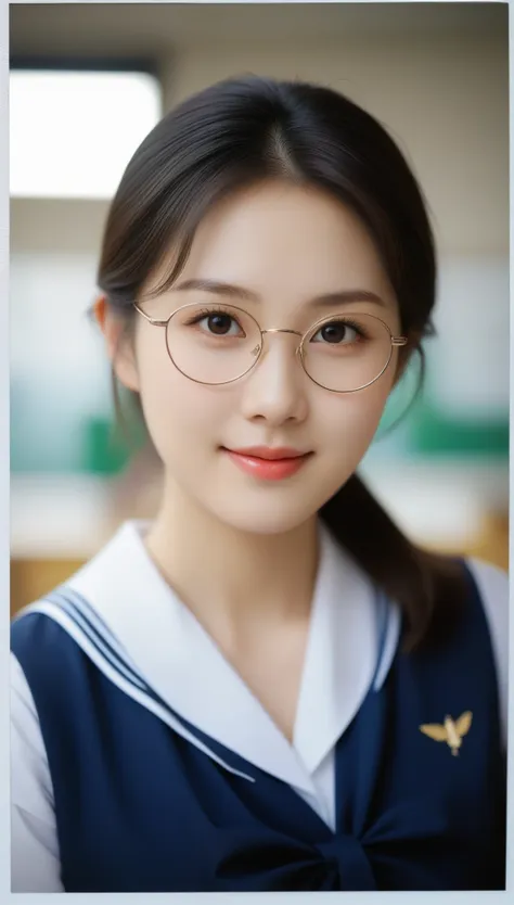 close-up to face of beautiful korean female, 34 inch breasts size, slightly smile, glasses, wearing japanese sailor school girl ...