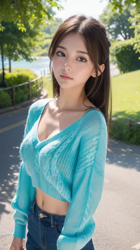 super detailed,bright colors,(8k:1.5),Masseter muscle part,very beautiful detailed face and eyes、summer morning、Ghibli,summer country road,25years old,beautiful breasts,midriff peek,Fullbody,(V-neck-sweater:1.3)