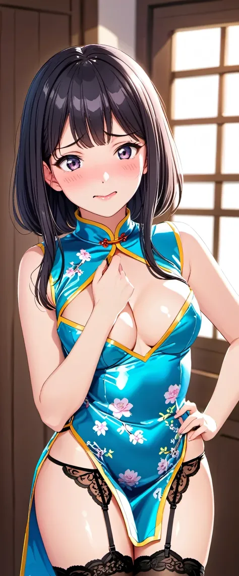 High resolution, adult woman , good lighting, despicable, , (No nudity), (((shiny cheongsam))),(garter belt),cute face, I&#39;m embarrassed and blush, humiliating, (()),