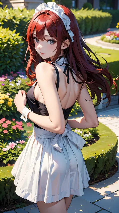 (masterpiece, highest quality, highest quality,official art),(1 girl:1.3),(attractive girl),((masterpiece, highest quality)),８k,(Knee to head),long hair、(Red hair:1,3)、smooth hair,I&#39;m embarrassed、beautiful dark eyes、white apron、maid style、white headban...