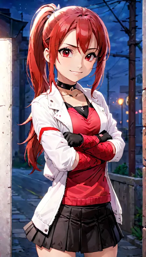 (best quality:1.2),solo,1girl,mdrin,smile,looking at viewer,crossed arms,ponytail,v-shaped eyebrows,white jacket,red shirt,finge...