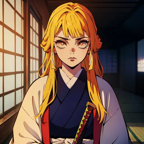 1 garota,Melhor qualidade, obra de arte, high resolution, 1 garota espadachin, sozinha, com roupas japonesas, katana in his hand, Her hair is long blonde, seus olhos escuros, seu cabelo preso com presilhas e joias, aldeia japonesa no fundo com nenhuma pess...