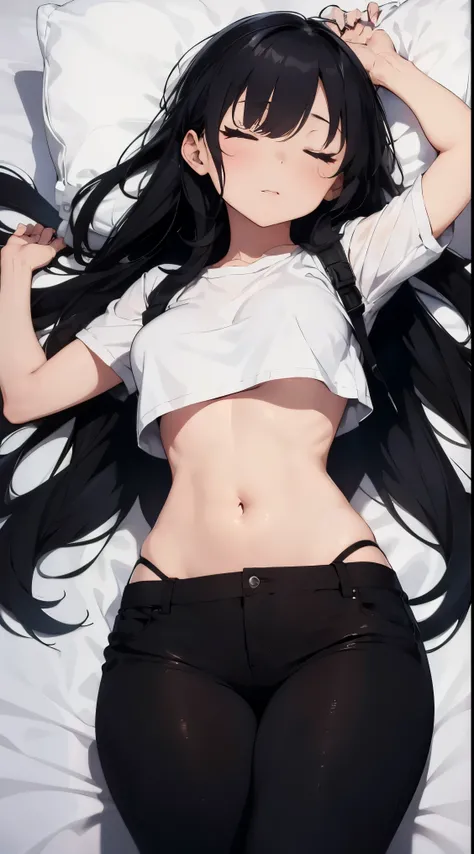 1girl, full body shot, long black hair, white crop top, no bra, BLACK pants, cute, absurdres, high res, ultrasharp, 8K, masterpiece, sleeping on the bed, eyes closed, deep sleep, unconscious