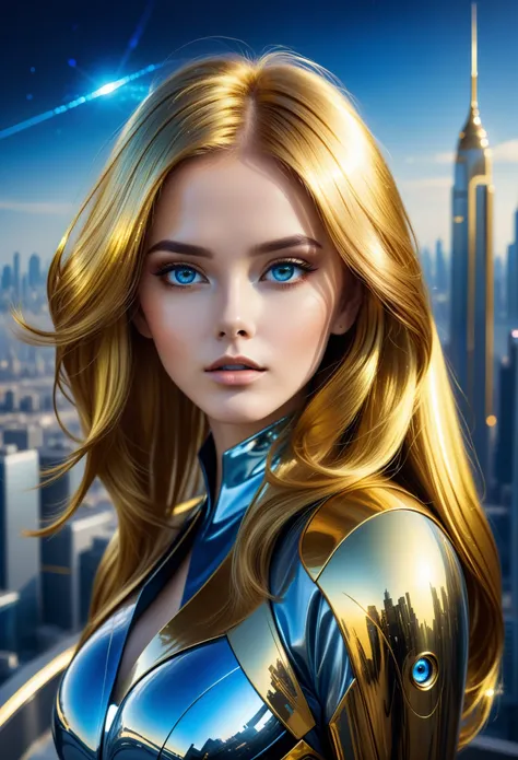 Beautiful girl with hair the color of metallic gold shine against the backdrop of the city of the future, The eyes are blue.