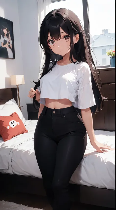 1girl, full body shot, long black hair, brown eyes, white crop top, no bra, BLACK jeans, cute, absurdres, high res, ultrasharp, 8K, masterpiece, bedroom.