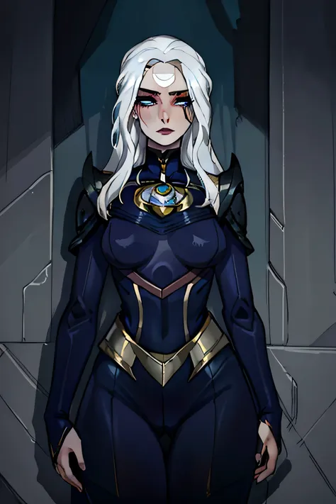 masterpiece, best quality, diana, dieague of legends\), 1girl, full dark navy blue bodysuit, dark makeup, straight white hair, w...