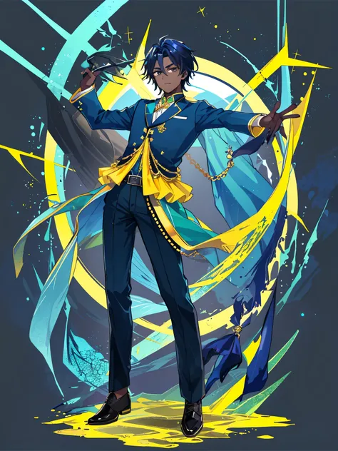 ((Full body)), (a boy), male role, beautiful boy, ((idol costume)), ((dark blue hair)), ((black eyes)), high quality, trousers, ((dark skin)), ((green and yellow clothes))