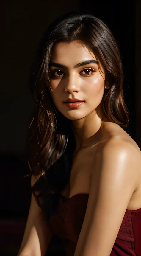 (Rhea Chakraborty:0.3), (Alia Bhatt:0.6), (Kriti Sanon:0.7), (A mid-shot portrait of an elegant woman with a radiant complexion and defined features, set against a rich burgundy background. The camera angle is straight-on, capturing the models upper body a...