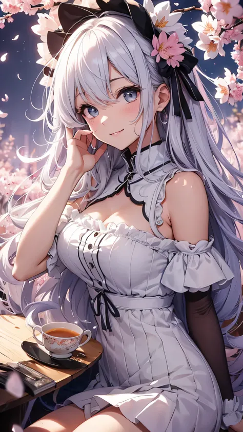 最high quality、best image quality、masterpiece、girl((18-year-old、 By becoming、vest bust、medium bust,wide open breast tea、shining eyes, silver hair、long hair、thin,highest valley、white see-through dress、White short skirt、Wristband、smile、Leaning forward)),high ...