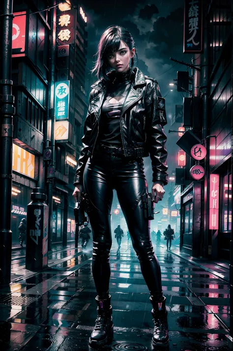 beautiful cyberpunk neon girl ((Calling Cards Call of Duty aesthetic style::1)), (masterpiece), highest quality, sharp focus,shortcut、beautiful japanese、rainy city、blade runner、ghost in the Shell、black leather jacket and leather pants