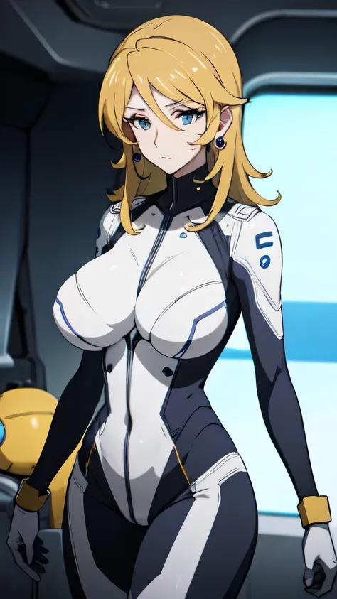 Milf, woman in a futuristic suit, highly detailed face, cool, mom, tomboy, very large breast, (Milf), mature face, (mature female), cybersuit, anime girl wearing tight suit, milfication, Elegant body, navel focus, naked body, gloves, earrings, science fict...