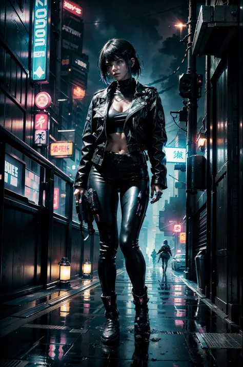 beautiful cyberpunk neon girl ((Calling Cards Call of Duty aesthetic style::1)), (masterpiece), highest quality, sharp focus,shortcut、beautiful japanese、rainy city、blade runner、ghost in the Shell、black leather jacket and leather pants