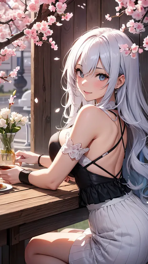 最high quality、best image quality、masterpiece、girl((18-year-old、 By becoming、vest bust、medium bust,wide open breast tea、shining eyes, silver hair、long hair、thin,highest valley、white see-through dress、White short skirt、Wristband、smile、back view、cherry blosso...