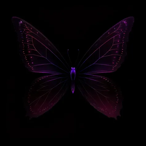 In the depths of the night, a mesmerizing scene unfolds against a black background. Neon magenta light casts an ethereal glow, illuminating a transparent butterfly in flight. Its wings, delicately veined and translucent, catch the light in a breathtaking d...