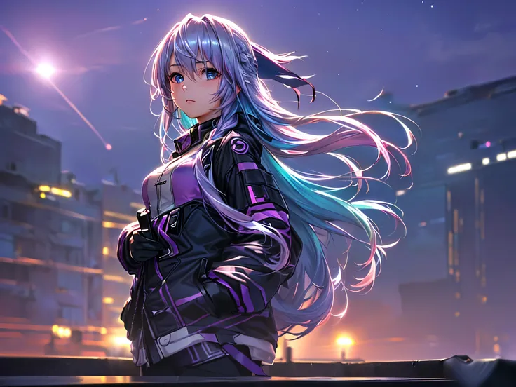 1 girl, (Silver hair streaked pink purple:1.2), (Gradient sky blue hair ends:1.4), super long hair, Technical clothing masterpiece, actual, Dark purple blue jacket, portrait, Illusion deep purple eyes, delicate eyes, wearing headphones, 20 year old girl, w...