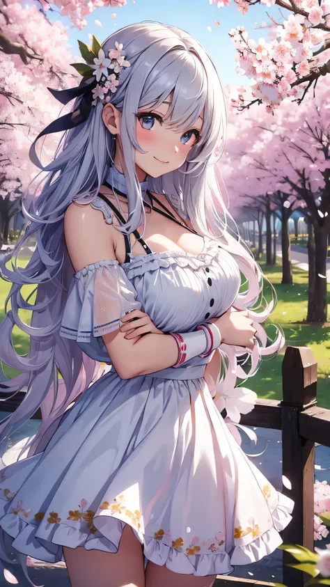 最high quality、best image quality、masterpiece、girl((18-year-old、 By becoming、vest bust、medium bust,wide open breast tea、shining eyes, silver hair、long hair、thin,highest valley、white see-through dress、White short skirt、Wristband、smile、back view、cherry blosso...