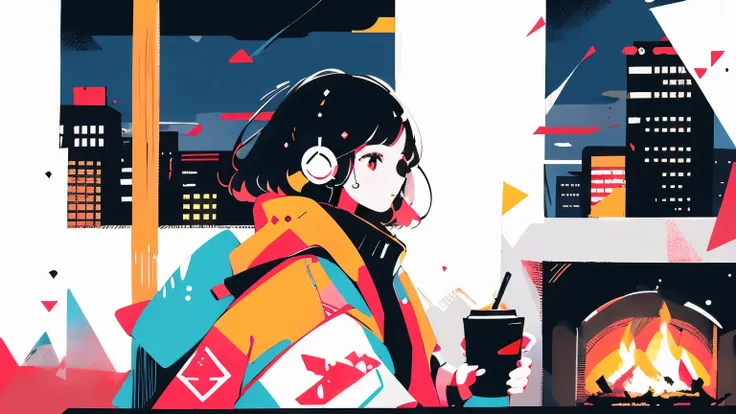 Mountain hut in the middle of nature、A girl is drinking coffee by the window at night and listening to music on headphones。quiet atmosphere。The room is lit by a fireplace and moonlight.。80&#39;s、city pop、Japanese anime、A girl is listening to music on headp...