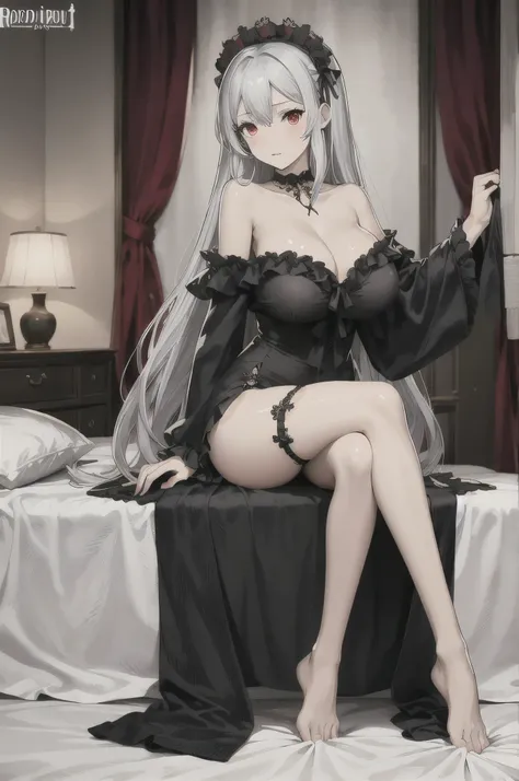 gothic lolita, white hair, long hair, red eyes, huge breast, no expression, off shoulder, cowboy shot, sitting, bed room,