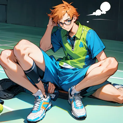 cartoon character, with glasses looking at his cell phone and a little sad, with tennis shoes sitting