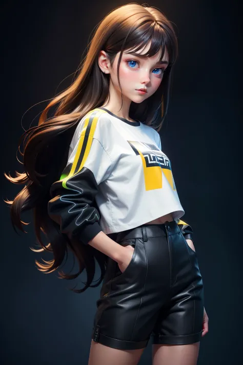 1 girl, dark brown hair, solo, long hair, blue eyes, clothes white t-shirt with black jacket and yellow neon. Short pants