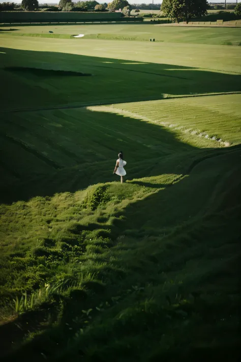 a clean green field with threes in the background
