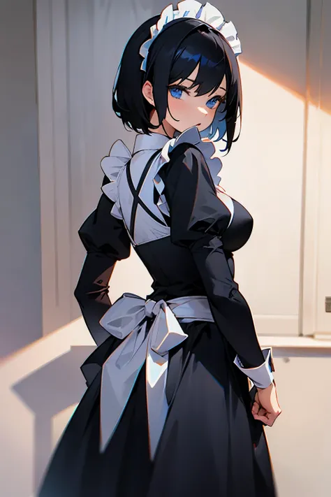 Girl, maid clothes, short black hair, blue eyes, big breasts, slim waist 