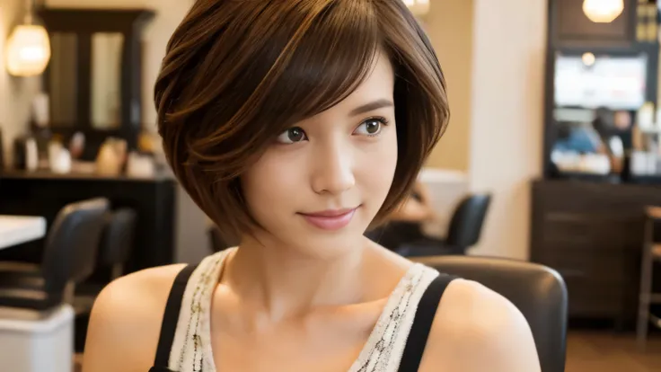 Realistic female beauty salon model,　bob style hairstyle japanese、Inside the cafe