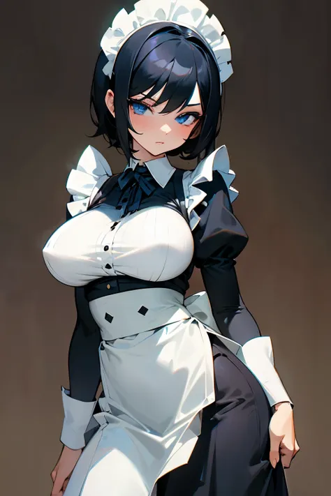 Girl, maid clothes, short black hair, blue eyes, big breasts, slim waist 