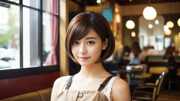 Realistic female beauty salon model,　bob style hairstyle japanese、Inside the cafe,　Japanese idol