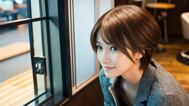 Realistic female beauty salon model,　bob style hairstyle japanese、Inside the cafe,　Japanese idol